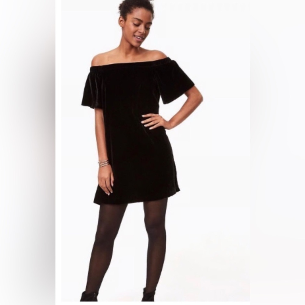 Loft Dress women’s Black Cocktail Velour Off Shoulder Short Sleeve - Picture 2 of 7